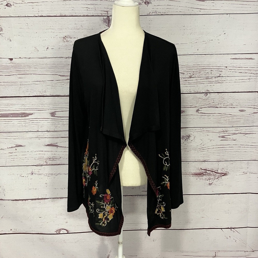 Cupio Black Embroidered Open Front Cardigan Boho Drape‎ Jacket Womens XL